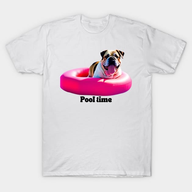 Bulldog on pool float T-Shirt by ThePawPrintShoppe